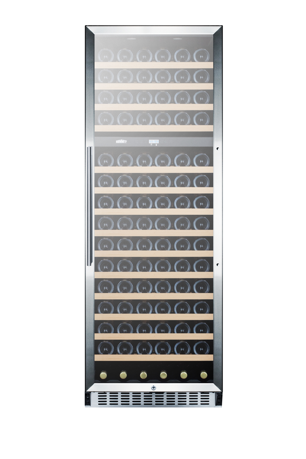 2-zone 160 bottle wine cellar with glass door, digital thermostat, and stainless steel wrapped cabinet